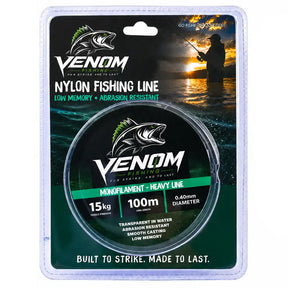 Venom Fishing Line 15kg monofilament nylon fishing line in a clear spool with a black and green retail blister pack.