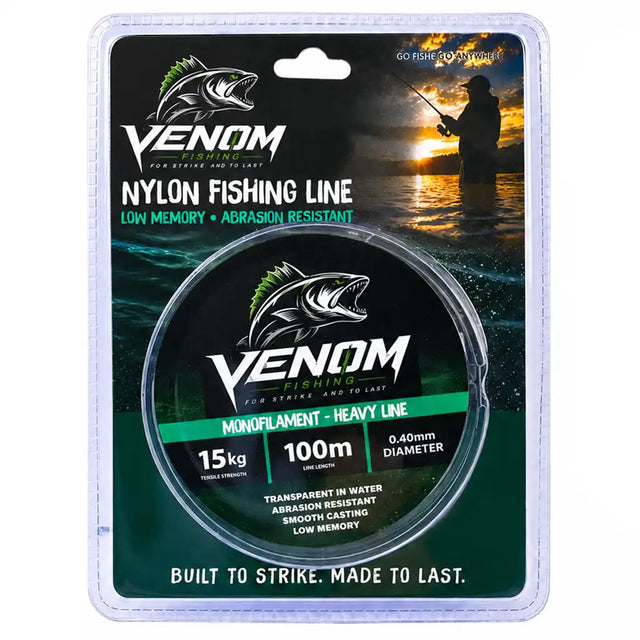 Venom Fishing Line 15kg monofilament nylon fishing line in a clear spool with a black and green retail blister pack.