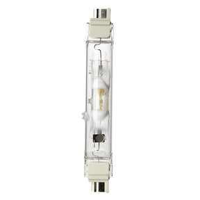 Clear light bulb with metal base on a white background