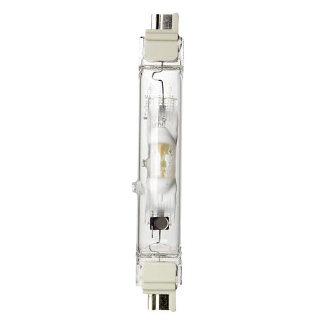 Clear light bulb with metal base on a white background