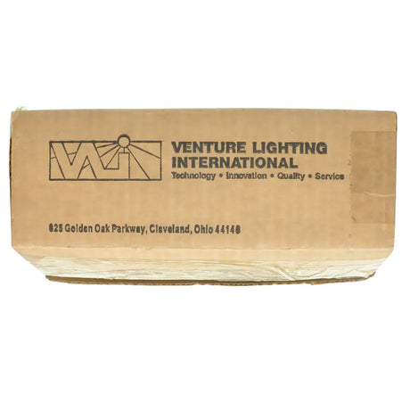 Cardboard box with Venture Lighting International branding on a white background