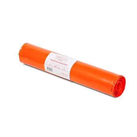 Roll of orange plastic sheeting with a label on a white background