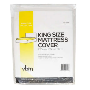 Packaged king size mattress cover with yellow and white design on a white background