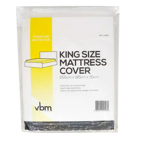 Packaged king size mattress cover with yellow and white design on a white background