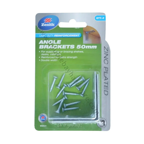 Packaging of Zenith angle brackets with screws on a white background