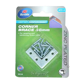 Packaging of Zenith corner brace 38mm with screws on a white background