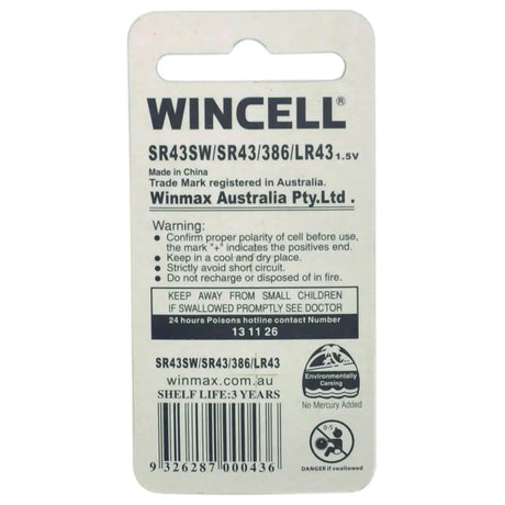 Wincell battery packaging with label and barcode on a white background