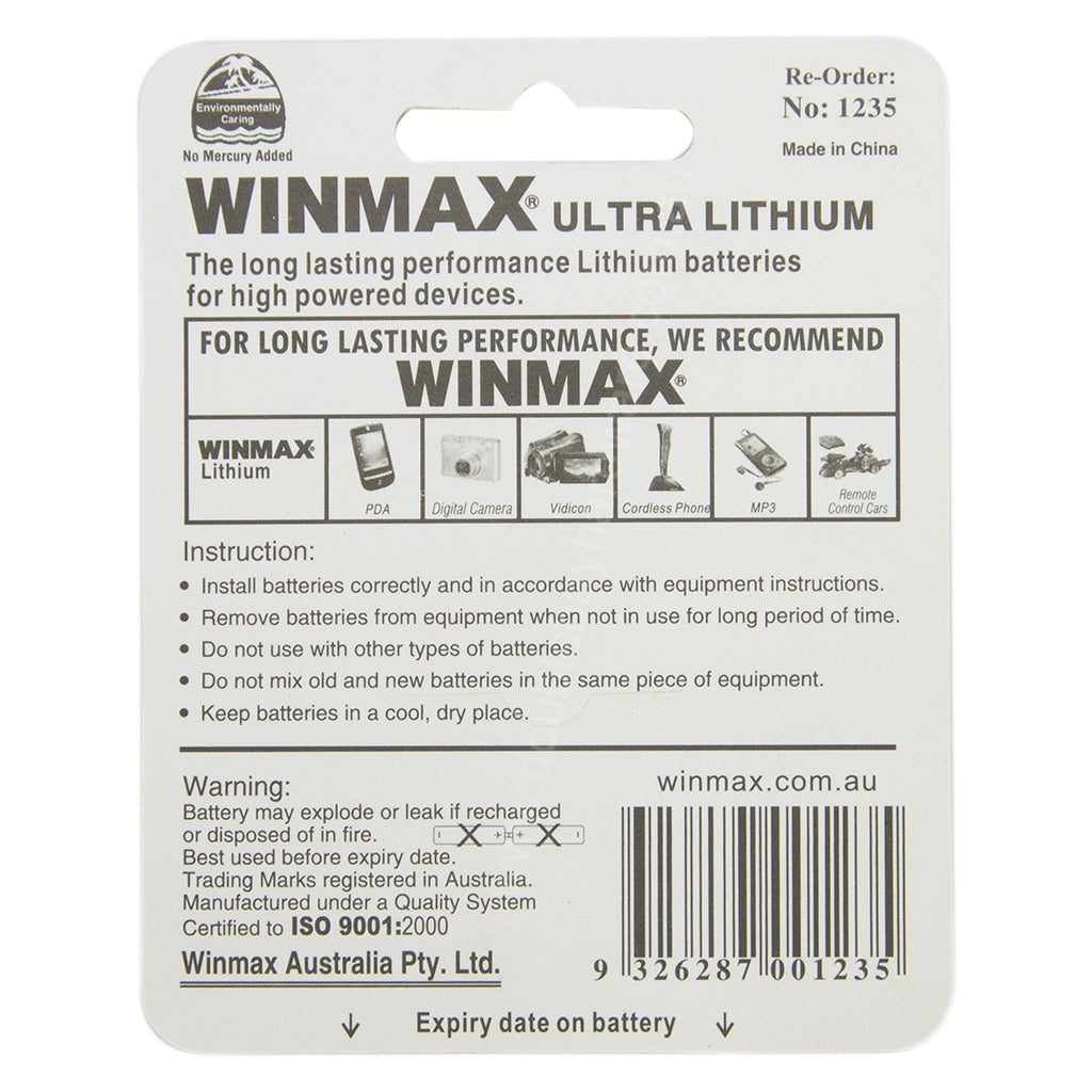 WINMAX Ultra Long Life Lithium Battery 3V 1.5Ah CR123A