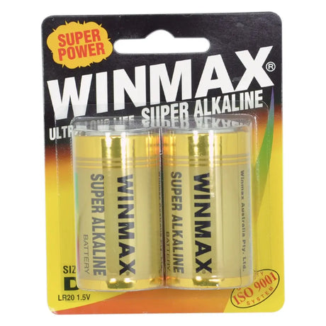 WINMAX super alkaline batteries in packaging with 'Super Power' label