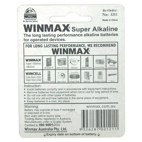 WINMAX Super Alkaline battery packaging with product details and instructions.