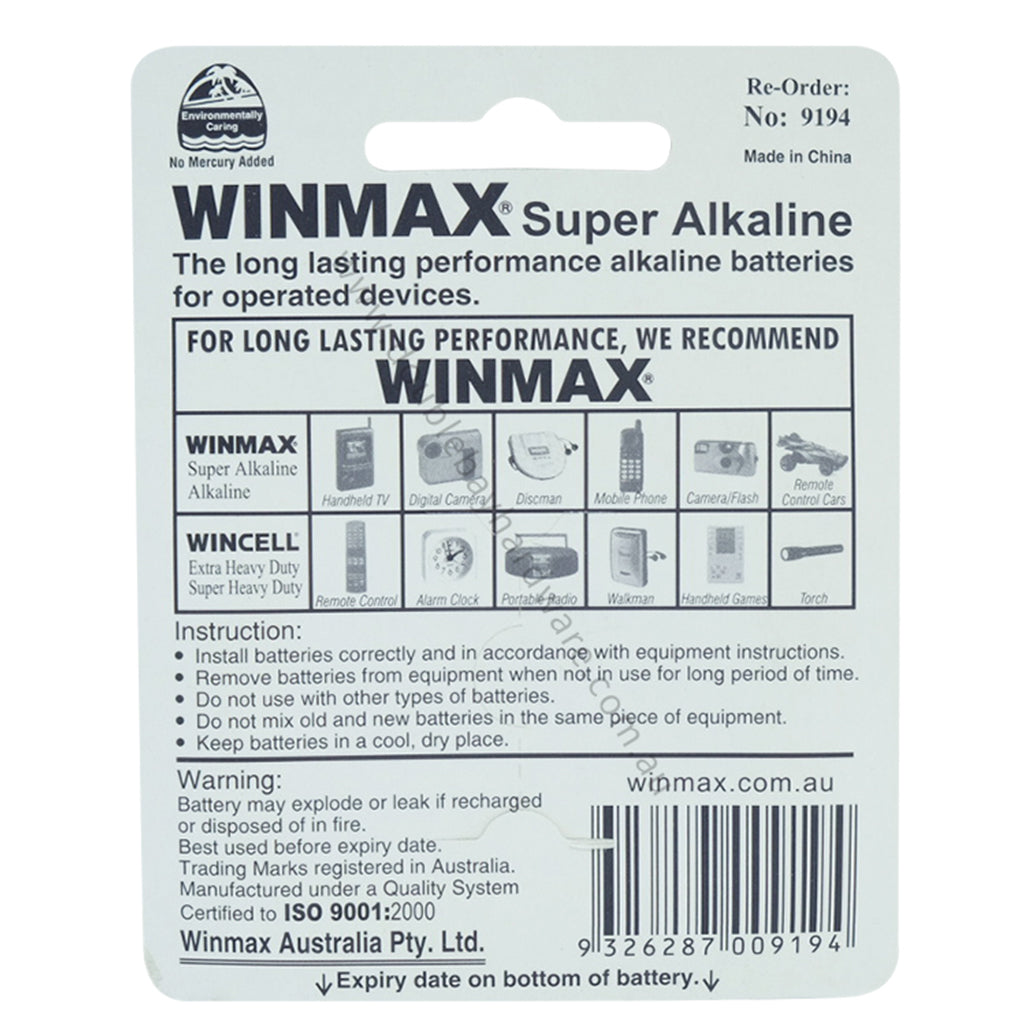 WINMAX Ultra Long Life Super Alkaline Battery 9V 6LR61 9194