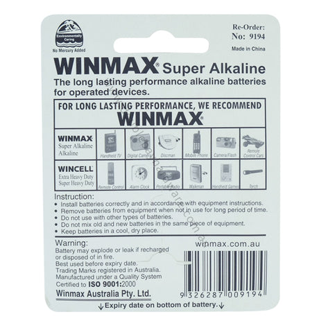 WINMAX Ultra Long Life Super Alkaline Battery 9V 6LR61 9194