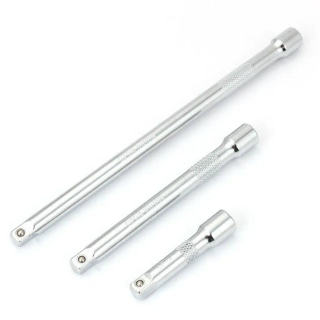 Set of three metallic tools on a white background