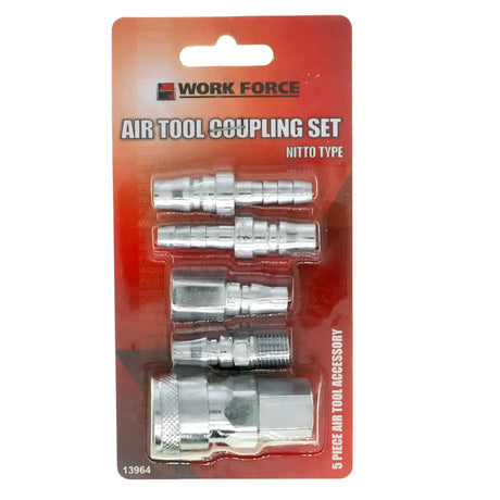 Work Force air tool coupling set packaging with five silver couplings on a red background.