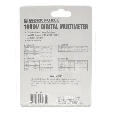 Work Force 1000V digital multimeter packaging with specifications on a white background