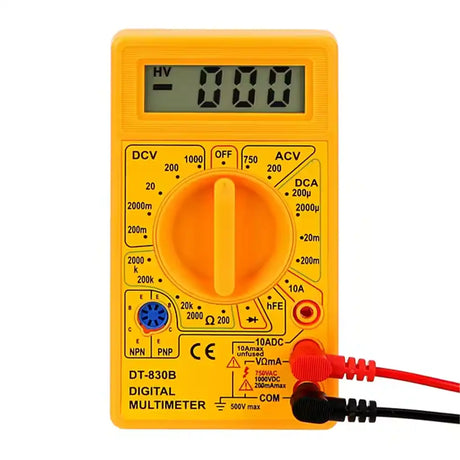 Yellow digital multimeter with probes on a white background