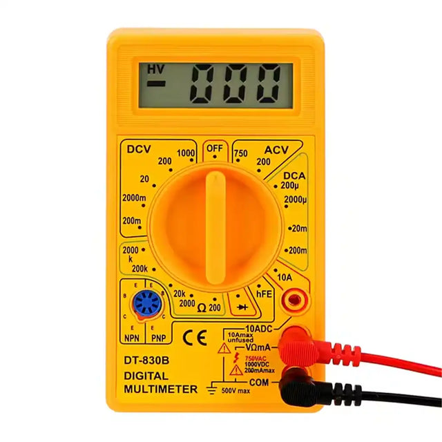 Yellow digital multimeter with probes on a white background
