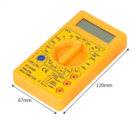 Yellow digital multimeter with dimensions labeled on a white background