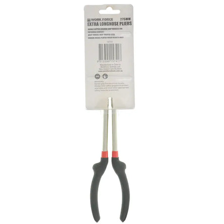 Pair of pliers with black handles on a white background, accompanied by a packaging label.