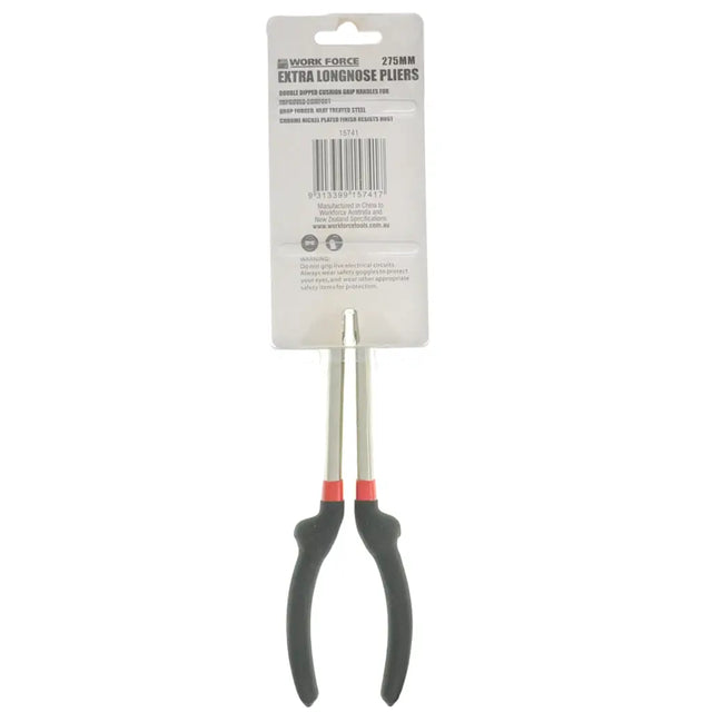 Pair of pliers with black handles on a white background, accompanied by a packaging label.