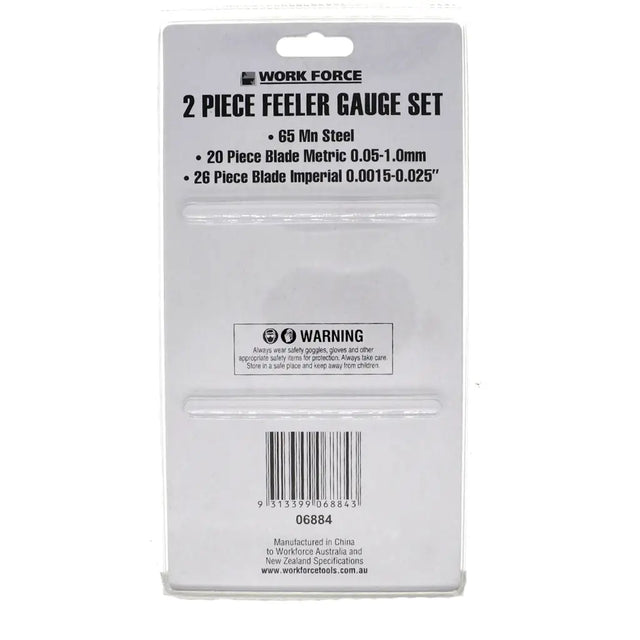 Packaging of a 2-piece feeler gauge set with product details on a white background