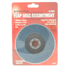 Work Force 6-piece flap disc assortment set in its original red blister packaging, containing different grit abrasive discs.