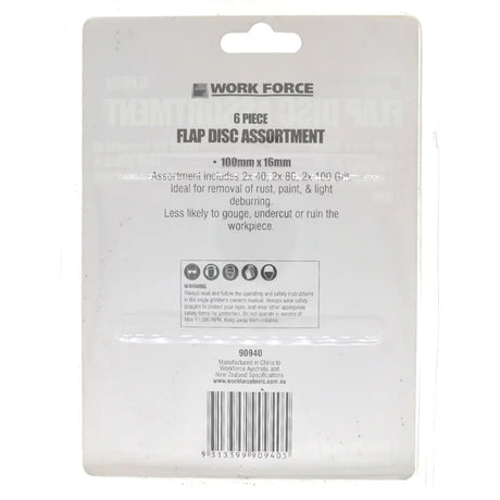 Work Force 6 Piece Flap Disc Assortment in 100mm x 16mm size, shown in its original clear plastic retail packaging with a cardboard backing.
