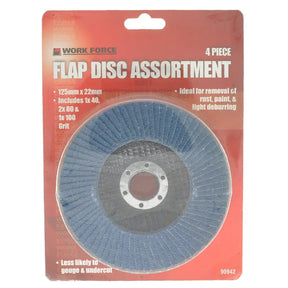 Work Force 4-piece flap disc assortment set in retail blister packaging, featuring four blue abrasive flap discs of varying sizes on a red backing card.