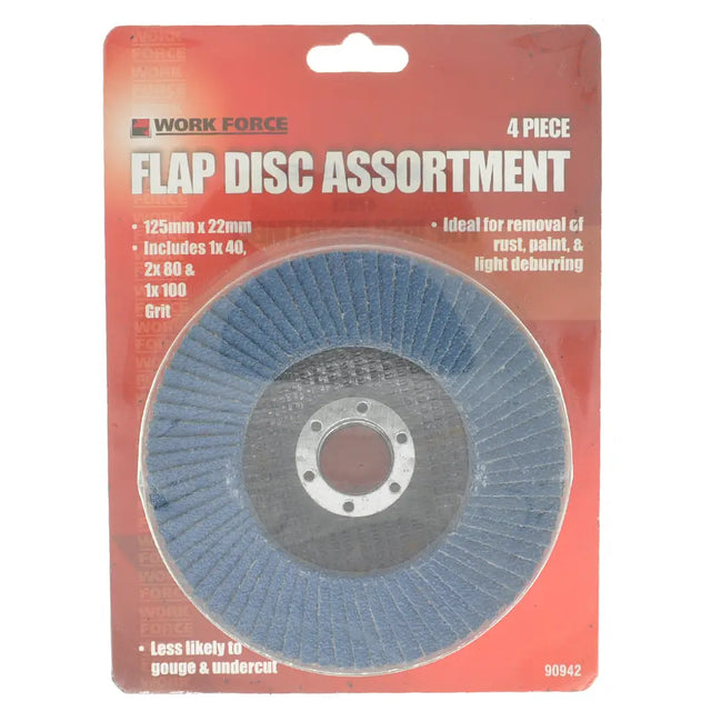 Work Force 4-piece flap disc assortment set in retail blister packaging, featuring four blue abrasive flap discs of varying sizes on a red backing card.