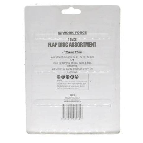 Work Force 4 FudiT Flap Disc Assortment in 125mm x 22mm size, shown in its original white plastic retail packaging with a barcode and product details printed on the back.