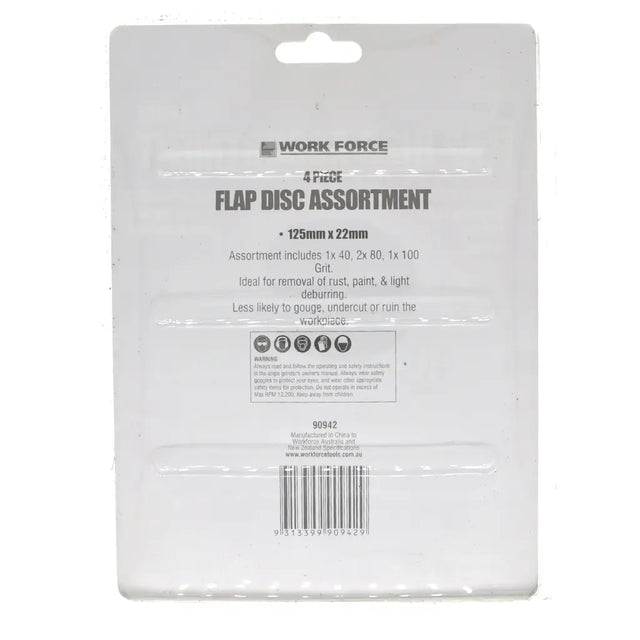 Work Force 4 FudiT Flap Disc Assortment in 125mm x 22mm size, shown in its original white plastic retail packaging with a barcode and product details printed on the back.