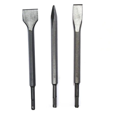 Three metal chisel-like hand tools shown upright on a plain white background.