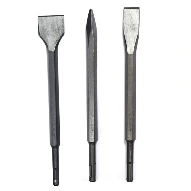 Three metal chisel-like hand tools shown upright on a plain white background.
