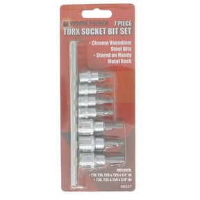 Work Force 7-piece Torx Socket Bit Set in its original retail blister packaging, featuring chrome vanadium steel bits on a red backing card.