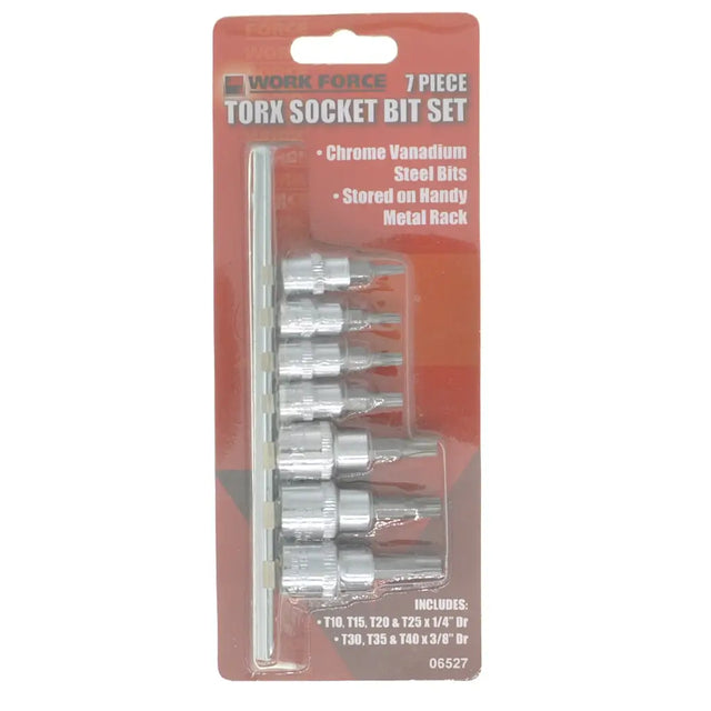 Work Force 7-piece Torx Socket Bit Set in its original retail blister packaging, featuring chrome vanadium steel bits on a red backing card.
