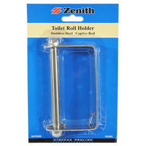 Zenith stainless steel toilet roll holder in packaging with blue background