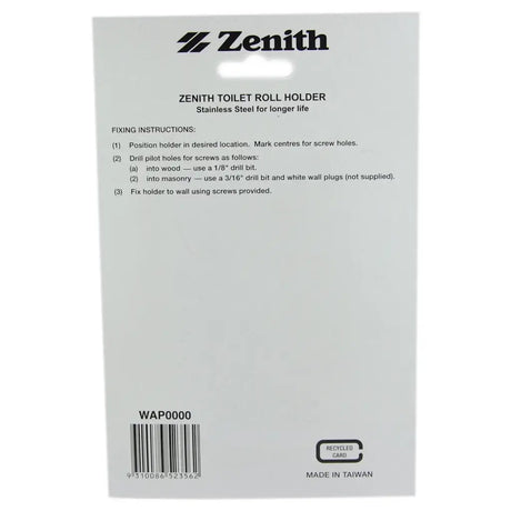 Zenith toilet roll holder packaging with fixing instructions and branding details.