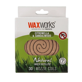 Waxworks mozzie coils packaging with green grass background