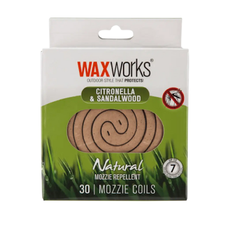 Waxworks mozzie coils packaging with green grass background