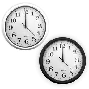 Two wall clocks with white faces and black numbers on a white background