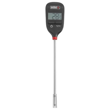Digital thermometer with a metallic probe on a white background
