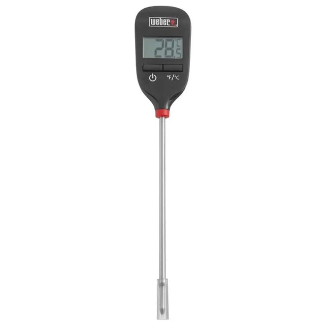 Digital thermometer with a metallic probe on a white background