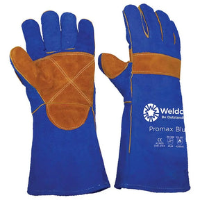 A pair of blue leather welding gloves with brown suede-like palm and back-of-hand panels, shown on a plain white background. One glove displays the Weldco Promax Blue branding.
