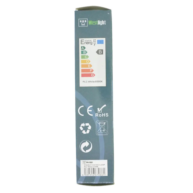 Westlight bulb packaging with energy efficiency rating and recycling symbols on a white background