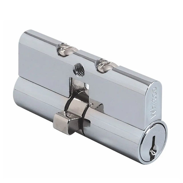Chrome door lock cylinder on a white background