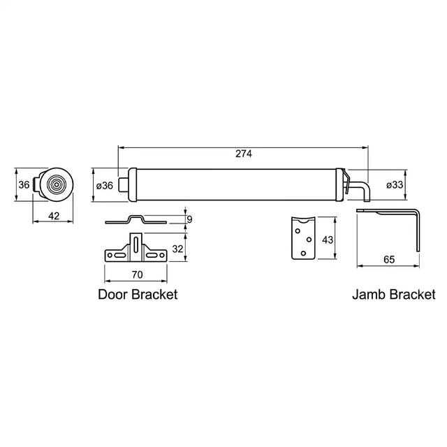 Technical drawing of door and jamb brackets with dimensions on a white background