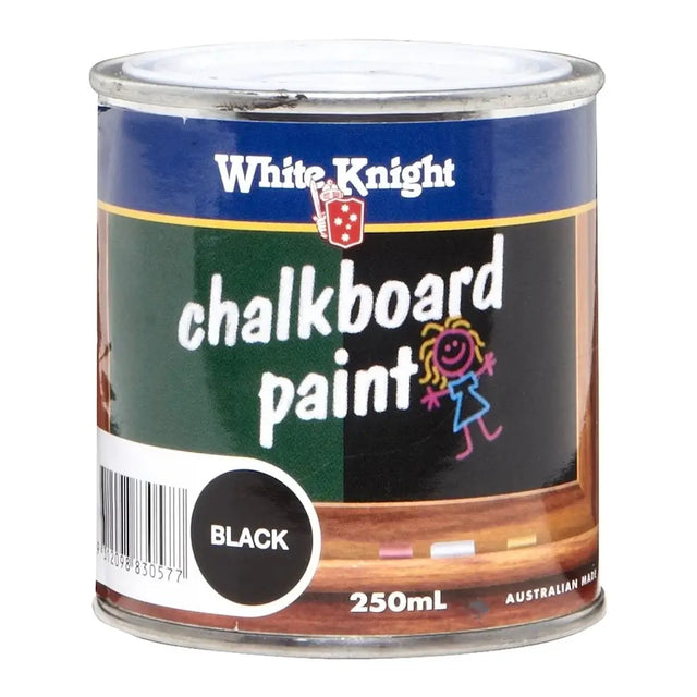 Can of White Knight black chalkboard paint on a white background