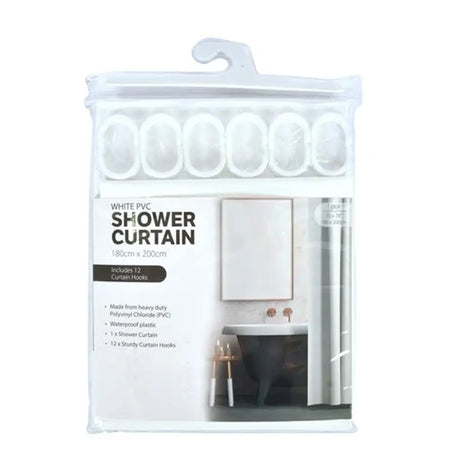 Packaged white PVC shower curtain with hooks on a white background