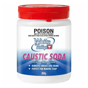 Container of White Tulip Caustic Soda with red lid on a white background