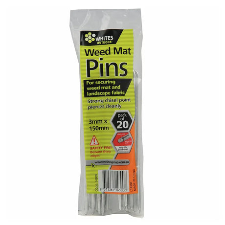 Pack of weed mat pins with packaging on a white background